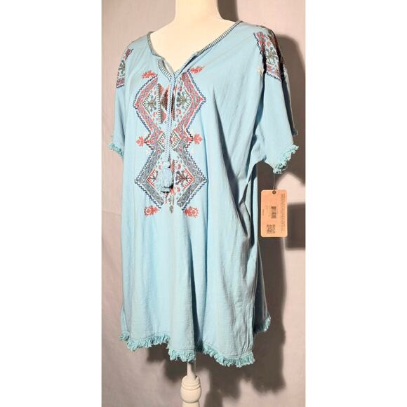 Ruff Hewn Tunic Shirt Boho Hippie Top Embroidered Blue Peasant Blouse Sz 2X NWT - Picture 2 of 8